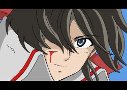  1girl black_hair blood blood_on_face blue_background blue_eyes closed_mouth girls_und_panzer hair_ribbon harlock harlock_saga high_collar injury long_hair looking_at_viewer mito_(mitotank) ogin_(girls_und_panzer) one-hour_drawing_challenge one_eye_covered red_ribbon ribbon scene_reference simple_background smile solo uchuu_kaizoku_captain_harlock 