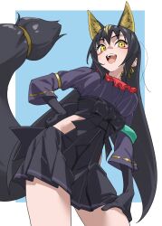  1girl :d animal_ear_fluff animal_ears armband ascot bare_legs black_gloves black_hair black_shirt black_skirt blue_background breasts clothing_cutout commentary contrapposto cowboy_shot extra_ears facial_mark fox_ears fox_girl fox_tail frilled_ascot frills glasses gloves hakama hakama_short_skirt hakama_skirt hand_on_own_hip hand_on_own_thigh high-waist_skirt highres hip_vent japanese_clothes kemono_friends kemono_friends_3 kuroinarisama_(kemono_friends) long_hair long_sleeves medium_breasts opaque_glasses pleated_skirt red_ascot ribbon-trimmed_sleeves ribbon_earrings ribbon_trim shirt simple_background skirt smile solo tail tanabe_(fueisei) teeth upper_teeth_only yellow_eyes 
