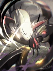  :o artist_name battle blurry bo_(bouillustration) claws commentary_request glint highres no_humans pokemon pokemon_(creature) red_eyes seviper snake zangoose 
