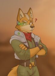  1boy ? animal_ears brown_fur claws crossed_arms english_commentary fox_boy fox_ears fox_mccloud fox_tail furry furry_male green_pants green_shirt grey_jacket highres jacket looking_at_viewer male_focus open_mouth pants raised_eyebrow saiterfroha shirt star_fox super_mario_bros. tail the_super_mario_galaxy_movie 