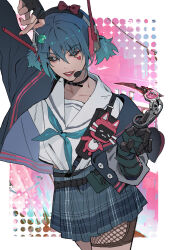  1girl absurdres alter_(apex_legends) alternate_costume apex_legends asymmetrical_gloves belt black_belt black_jacket black_sclera blue_gloves blue_hair bow candy chinese_commentary collarbone colored_sclera commentary_request eureka1812 fingerless_gloves food gloves grey_skirt headset highres holding holding_candy holding_food holding_knife holding_lollipop jacket knife lollipop looking_at_viewer mismatched_gloves parted_lips plaid_clothes plaid_skirt purple_bow shirt short_twintails single_fingerless_glove skirt smile solo twintails white_shirt yellow_eyes 