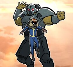  2boys armor artist_name boots brown_boots conquest_behind_oliver_(meme) fallout fallout_2 flying frank_horrigan helmet invincible_(series) looking_down marshall0w0 meme multiple_boys muscular muscular_male orange_sky power_armor power_armor_(fallout) screenshot_background sky the_chosen_one vambraces vault_suit 