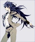  adult belt blazer blue_eyes blue_hair breasts coat detective domodesu expressionless formal hair_between_eyes highres hips long_hair looking_away necktie pant_suit pants persona persona_4 persona_x_detective profile serious shirogane_naoto solo standing suit wavy_hair 