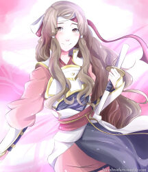  1girl armor brown_eyes brown_hair fire_emblem fire_emblem_fates hana_(fire_emblem) headband highres japanese_armor japanese_clothes long_hair looking_at_viewer phantasananas samurai smile solo sword weapon white_armor white_headband 