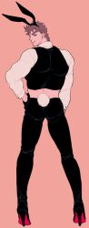  1boy animal_ear_hairband animal_ears battle_tendency black_gloves black_pants black_shirt black_shoes blue_eyes brown_hair chuu_ni closed_mouth collared_shirt commentary_request cropped_shirt fake_animal_ears from_behind full_body gloves hairband hand_on_own_hip high_heels highres jojo_no_kimyou_na_bouken joseph_joestar joseph_joestar_(young) long_sleeves looking_back male_focus pants rabbit_ear_hairband rabbit_ears shirt shoes solo standing thick_eyebrows white_shirt 