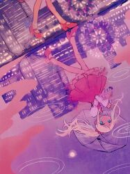  1girl absurdres anklet aqua_eyes blonde_hair bright_pupils city commentary_request dark-skinned_female dark_skin dress dutch_angle ferris_wheel frilled_dress frills hair_ornament hair_scrunchie high_heels high_ponytail highres holding holding_umbrella idolmaster idolmaster_cinderella_girls jewelry kabosa_de layla_(idolmaster) long_sleeves looking_at_viewer no_sclera pleated_dress ponytail puddle rain red_dress red_scrunchie red_shoes reflection reflective_liquid ripples scrunchie shirt shoes sideways solo twilight umbrella upside-down white_shirt 