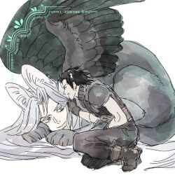  1boy adjusting_another's_hair animal_ears armor belt black_feathers black_fur black_gloves black_hair black_pants black_sweater boots brown_boots cat_ears chinese_text commentary_request crisis_core:_final_fantasy_vii feathers final_fantasy final_fantasy_vii full_body gloves green_eyes grey_hair hair_slicked_back kneeling long_hair male_focus medium_hair monster_boy monsterification obusare open_mouth pants pauldrons sephiroth shoulder_armor size_difference sleeveless sleeveless_sweater slit_pupils smile sphinx spiky_hair suspenders sweater translation_request turtleneck turtleneck_sweater very_long_hair watermark white_background wings zack_fair 