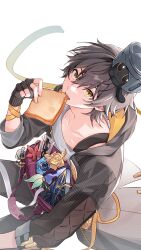  1boy :< animal animal_on_head animalization arm_ribbon as_i've_written_(honkai:_star_rail) bag black_cat black_gloves black_jacket black_pants blue-framed_eyewear book bread bread_slice caelus_(honkai:_star_rail) cake_cat_(honkai:_star_rail) camera cat cat_tail chain character_charm charm_(object) closed_mouth collarbone cowboy_shot eating fang fingerless_gloves floating_clothes flower food freaknaru123 gloves goggles gold_chain grey_hair hair_between_eyes hair_ornament hand_up highres holding holding_food honkai:_star_rail honkai_(series) hood hooded_jacket jacket lapels leaf leaf_hair_ornament long_sleeves looking_at_viewer looking_up male_focus maple_leaf mooncake on_head open_clothes open_jacket open_mouth orange_eyes pants pen petals pocket_watch pom-pom_(honkai:_star_rail) purple-tinted_eyewear purple_bag ribbon rose shirt short_hair simple_background sitting solo t-shirt tail teeth tinted_eyewear trailblazer_(honkai:_star_rail) trailblazer_(trash_cake)_(honkai:_star_rail) two-sided_fabric two-sided_jacket watch white_background white_shirt yellow_eyes yellow_flower yellow_jacket yellow_rose 
