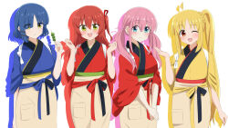  4girls black_hair blonde_hair blue_eyes bocchi_the_rock! dars_(recolors) eating gotoh_hitori green_eyes hair_ribbon highres ijichi_nijika kita_ikuyo long_hair looking_at_viewer lycoris_recoil mole mole_under_eye multiple_girls one_eye_closed open_mouth pink_hair ponytail red_ribbon ribbon short_hair simple_background smile standing white_background yamada_ryo yellow_eyes 