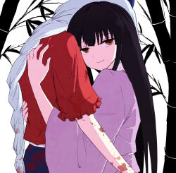  2girls bamboo black_hair blood blood_in_hair blood_on_arm blue_dress brown_eyes closed_mouth commentary_request dress grey_hair houraisan_kaguya hug long_hair long_sleeves looking_at_viewer mochimo-cheese multiple_girls pink_shirt red_dress shirt smile touhou two-tone_dress very_long_hair wide_sleeves yagokoro_eirin 