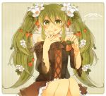  :q bare_shoulders flower food food_as_clothes fruit green_eyes green_hair hair_flower hair_ornament hatsune_miku long_hair shiroroko sitting skirt smile solo strawberry tongue twintails vocaloid 