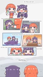  >_< 2girls :3 =_= ^_^ absurdres apron aqua_hair backpack bag bandaid bandaid_on_knee bandaid_on_leg blunt_bangs chicken_(food) closed_eyes cookie earrings english_commentary eyepatch fang food fried_chicken highres hololive hololive_english jewelry kfp_employee_(takanashi_kiara) maid_apron missing_headwear mole mole_under_eye mpien multicolored_hair multiple_girls ninomae_ina'nis omelet omurice open_mouth orange_hair pizza plate pointy_ears purple_hair smile takanashi_kiara takodachi_(ninomae_ina'nis) tears tentacle_hair thigh-highs tree_stump virtual_youtuber 