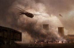  aircraft battle building chinese_commentary clouds cloudy_sky commentary_request destruction dune_(2021_movie) dune_(series) dust english_text fire helicopter highres logo military_vehicle outdoors painterly people running sand scenery sky smoke smokestack war zhongjusun 
