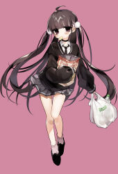  1girl absurdres ahoge bag bag_of_chips black_necktie black_shoes black_sweater blunt_bangs blush brown_hair chips_(food) closed_mouth collared_shirt commentary_request dot_nose food food_in_mouth full_body grey_skirt grocery_bag hair_ornament highres holding holding_bag kmnk_(kumanuko) long_hair long_sleeves looking_at_viewer miniskirt necktie original pink_background pink_eyes pleated_skirt pom_pom_(clothes) pom_pom_hair_ornament shirt shoes shopping_bag simple_background skirt sleeves_past_wrists socks solo standing sweater twintails white_shirt white_socks 