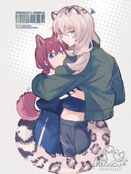  2girls absurdres animal_ears blue_eyes blue_skirt brown_hair closed_mouth commentary dog_ears dog_girl dog_tail girls_band_cry green_jacket grey_eyes grey_hair grey_pants hair_between_eyes highres hug iseri_nina jacket kawaragi_momoka long_hair milk_puppy multicolored_hair multiple_girls pants roots_(hair) short_hair short_twintails skirt tail tail_wrap tiger_ears tiger_girl tiger_tail twintails yuri 