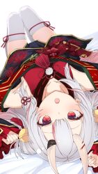  1girl bed_sheet bell black_kimono center-flap_bangs commentary_request double_bun frilled_sleeves frills gold_trim gradient_hair grey_hair hair_bell hair_between_horns hair_bun hair_ornament highres hololive horns japanese_clothes jingle_bell kimono knees_up long_hair long_sleeves looking_at_viewer lying multicolored_hair nakiri_ayame nakiri_ayame_(1st_costume) off_shoulder on_back oni open_mouth pom_pom_(clothes) red_eyes red_hair red_kimono ryuga_(balius) short_kimono simple_background skin-covered_horns solo streaked_hair tabi tassel tassel_hair_ornament thigh-highs two_side_up upside-down virtual_youtuber white_background white_thighhighs 