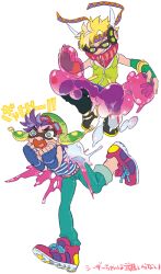  2boys arms_up battle_tendency belt black_pants black_shoes blue_eyes blue_pants caesar_anthonio_zeppeli chuu_ni commentary_request crying crying_with_eyes_open fake_head_wings fang gloves goggles goggles_on_headwear green_eyes green_gloves green_hat green_jacket grin hairband hat headphones jacket johnny_joestar jojo_no_kimyou_na_bouken male_focus multiple_boys open_mouth pants purple_hair shirt shoes sleeveless sleeveless_jacket smile sneakers splatoonification striped_clothes striped_shirt tears translation_request white_background wide-eyed zipper zipper_pull_tab 