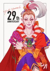  1boy absurdres anniversary ascot blonde_hair cape closed_mouth clown_makeup colored_eyelashes copyright_name crossed_legs earrings facepaint feather_hair_ornament feathers final_fantasy final_fantasy_vi fingerless_gloves fingernails gloves green_ascot hair_ornament highres jewelry kefka_palazzo long_fingernails looking_at_viewer male_focus mimixxx339 multiple_rings nail_polish orange_gloves pointy_ears ponytail purple_lips red_cape red_nails ring sharp_fingernails short_hair single_fingerless_glove solo upper_body yellow_sleeves 