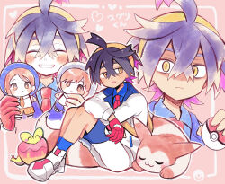  1boy :3 ^_^ applin black_hair blue_shirt blue_socks blush character_doll character_name closed_eyes closed_mouth collared_shirt commentary_request doll florian_(pokemon) furret gloves grin hair_between_eyes hairband heart highres holding holding_poke_ball jacket juliana_(pokemon) kieran_(pokemon) male_focus mole mole_on_neck multicolored_hair multiple_views open_mouth partially_fingerless_gloves pink_background poke_ball poke_ball_(basic) pokemon pokemon_(creature) pokemon_scarlet_and_violet purple_hair red_gloves shirt shoes single_glove sitting smile socks u_u white_jacket white_shoes yataba yellow_eyes yellow_hairband 