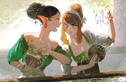  2girls black_hair brown_hair commentary dishwashing earrings elf english_commentary gossip green_eyes hair_bun highres indoors jewelry magic marta_(spindle_(aidenr0)) multiple_girls original ottilie_(spindle_(aidenr0)) pointy_ears single_hair_bun spindle_(aidenr0) tavern 