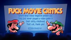  2boys arm_up black_hair blue_overalls blue_shirt brothers brown_shirt chair cleft_chin donkey_kong_(1981_game) donkey_kong_(series) english_text facial_hair from_behind gloves green_hat green_overalls hat index_finger_raised indoors large_nose long_sleeves looking_at_another looking_at_viewer looking_back luigi male_focus mario mario_bros. movie_theater multiple_boys mustache no_sclera on_chair overalls pointing profanity prototype_design red_hat screenonymous shirt short_hair siblings sitting smile super_mario_bros. the_super_mario_galaxy_movie white_gloves 