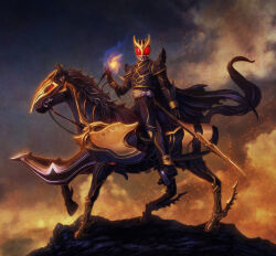  1boy arcle_(kuuga) armor belt black_armor black_belt black_cape black_horse cape clouds cloudy_sky commentary_request compound_eyes flaming_hand full_body glowing glowing_eyes gold_horns gold_trim gouram highres holding holding_polearm holding_weapon horns horse kamen_rider kamen_rider_kuuga kamen_rider_kuuga_(series) kamen_rider_kuuga_(ultimate_form) katou_yuu looking_at_viewer multiple_horns polearm red_eyes rider_belt riding riding_animal shoulder_armor sky spear weapon 