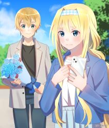  1boy 1girl alice_zuberg alternate_costume aqua_eyes argyle_clothes argyle_hairband artist_name black_shirt blonde_hair blue_eyes blue_flower blue_hairband blue_jacket blue_pants blue_rose blue_skirt blue_sky blush bouquet casual cellphone closed_mouth clouds cloudy_sky commentary_request cowboy_shot day double-parted_bangs eugeo flower grey_jacket hair_between_eyes hairband hands_up high-waist_skirt highres holding holding_bouquet holding_phone jacket long_hair multicolored_hairband open_clothes open_jacket outdoors pants phone rose shirt shirt_tucked_in short_hair skirt sky smartphone sword_art_online sword_art_online:_alicization tu_tora2 twitter_username two-tone_hairband upper_body watermark wavy_mouth white_hairband white_shirt 