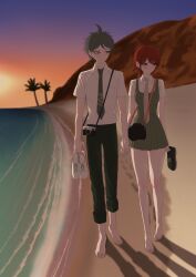  1boy 1girl absurdres ahoge barefoot beach brown_hair camera collared_shirt danganronpa_(series) danganronpa_2:_goodbye_despair dress freckles green_dress green_necktie highres hinata_hajime holding holding_hands holding_shoes holding_unworn_clothes koha_2652 koizumi_mahiru necktie ocean outdoors pants plaid_clothes plaid_necktie red_hair shirt shoes short_dress short_hair short_sleeves smile sunset unworn_shoes white_shirt 