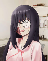  1girl bed bedroom black_hair burn_scar coke-bottle_glasses donrhy96 dress glasses hair_over_one_eye highres ikezawa_hanako katawa_shoujo long_hair nervous nervous_sweating nightgown open_mouth pink_dress scar solo sweat 