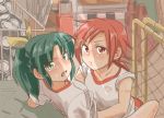  caught cheating green_eyes green_hair gym gym_storeroom gym_uniform hino_akane koyama_shigeru looking_back midorikawa_nao multiple_girls open_mouth precure red_hair redhead short_hair smile_precure! sweatdrop yuri 