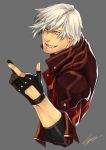  1boy blue_eyes dante devil_may_cry fingerless_gloves gloves grey_background grin hiryuu jacket male signature simple_background smile solo white_hair 