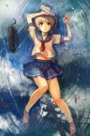  1girl arms_up bare_legs barefoot blonde_hair blue_sky bottle brown_eyes cat clouds fish looking_at_viewer lying midriff neckerchief nigoro on_back open_mouth original power_lines reflection school_uniform serafuku shirt short_sleeves skirt sky solo water wet wet_clothes wet_shirt wet_skirt 