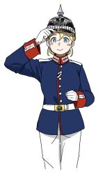  1girl anyan_(jooho) belt blonde_hair blue_eyes blue_shirt buckle buttons combat_helmet commentary_request franco-prussian_war german_empire hat helmet highres imperial_german_army insignia jacket korean_commentary long_sleeves looking_at_viewer military military_hat military_uniform original pants pickelhaube prussia prussia_army shirt simple_background soldier solo updo white_pants 