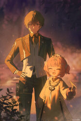  1boy 1girl ^_^ absurdres adoptive_parent_and_adoptive_child aemeath_(wuthering_waves) aemeath_(young)_(wuthering_waves) black_gloves black_hair black_jacket black_pants blurry blurry_background closed_eyes closed_mouth commentary dress english_commentary father_and_child father_and_daughter fingerless_gloves gloves hand_on_own_hip highres holding holding_paper_airplane jacket long_hair looking_at_viewer male_rover_(perpetual_spark)_(wuthering_waves) male_rover_(wuthering_waves) open_mouth pants paper_airplane parent_and_child pink_hair plant rover_(wuthering_waves) school_uniform short_hair short_twintails smile straight-on twintails twitter_username white_dress wuthering_waves yellow_eyes zeradok 