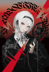  1girl absurdres album_cover black_hairband black_nails cover hair_ornament hairband highres holding holding_microphone_stand j-core jacket jewelry looking_at_viewer makai_no_juumin medium_hair microphone_stand nail_polish official_art open_clothes open_jacket red_eyes ring seventhrun solo upper_body white_hair 