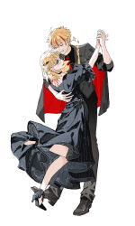  1boy 1girl absurdres ahoge blonde_hair blue_eyes blush braid braided_ponytail chinese_commentary closed_eyes collared_shirt command_spell commentary_request dancing dress fate/strange_fake fate_(series) formal_clothes full_body glasses hair_ornament hairclip highres holding_hands jacket long_hair medium_hair multicolored_hair necktie open_mouth pants red_streaks richard_i_(fate) sajou_ayaka_(fate/strange_fake) shirt shoes side_braid simple_background single_braid smile streaked_hair suit weimingweiran white_background 