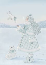  1girl absurdres bird blue_boots blue_bow blue_capelet blue_dress blue_eyes blue_gloves blue_hair boots bow braid capelet cat coat_dress commentary_request cosame22 crown dove dress forehead from_side full_body fur-trimmed_boots fur-trimmed_bow fur-trimmed_capelet fur-trimmed_dress fur-trimmed_sleeves fur_collar fur_trim gloves half_up_braid hand_up highres long_hair long_sleeves looking_at_animal open_mouth original outdoors quilted_capelet quilted_clothes quilted_dress single_glove snow solo white_cat wide_sleeves winter 