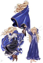  1girl black_skirt blonde_hair blue_cloak blue_corset blue_dress blue_nightgown boots brown_boots cloak commentary corset dress english_commentary green_eyes hair_between_eyes highres long_hair long_skirt nightgown one_eye_closed original shirt signature simple_background skirt sleepwear speedoshi stretching waking_up white_background white_shirt yellow_trim 