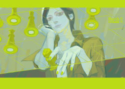  ada_wong black_hair board_game border chess chess_piece closed_mouth collared_shirt commentary from_below green_border green_nails head_on_hand highres holding holding_chess_piece leon_s._kennedy letterboxed light_smile march nail_polish parted_bangs pawn_(chess) peanut9021 queen_(chess) red_shirt resident_evil resident_evil_6 shirt short_hair sleeves_rolled_up untranslatable_commentary upper_body 