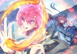  3girls absurdres ange_katrina belt black_coat blue_eyes blush brown_belt brown_hair casting_spell coat commentary_request crossed_arms dress fire floating_hair frilled_dress frills glass_bottle grey_coat grey_hat hair_ornament hair_scrunchie hands_up hat highres inui_toko lize_helesta long_bangs long_hair long_sleeves looking_ahead looking_at_another low_twintails magic mouth_hold multiple_girls nijisanji official_alternate_costume open_mouth outdoors page_of_lambda protecting red_hair red_scrunchie sanbaka_(nijisanji) scrunchie sparkle sweatdrop taigo1243 twintails violet_eyes virtual_youtuber white_dress white_hair yellow_eyes 