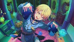  1boy bags_under_eyes bead_necklace beads blonde_hair blue_shirt chinese_clothes colorful_palette cowboy_shot double-parted_bangs earrings fingernails flower game_cg gold_trim gradient_hair hair_between_eyes hands_up highres jewelry lantern long_sleeves looking_at_viewer male_focus multicolored_hair necklace official_alternate_costume official_art ofuda open_mouth orange_eyes orange_flower orange_hair orange_rose outstretched_arms pants project_sekai rose shanghai_neckline shelf shirt short_hair solo spirit standing stuffed_animal stuffed_raccoon stuffed_toy teeth tenma_tsukasa third-party_source tongue upper_body v-shaped_eyebrows vase white_flower white_pants white_rose wide_sleeves zansho_no_inside_direction_(project_sekai) zombie_pose 