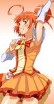  ahoge arm_up armpits bag bike_shorts blush cure_sunny detached_sleeves dress earrings grin hair_bun highres hino_akane jewelry magical_girl orange_dress orange_eyes orange_hair pleated_skirt precure purse short_hair shorts_under_skirt skirt smile smile_precure! solo toryuu 