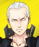  delinquent earrings frown grey_eyes jacket jacket_on_shoulders jewelry looking_away male necklace onizo persona persona_4 piercing scar short_hair solo tatsumi_kanji white_hair widow&#039;s_peak widow's_peak 