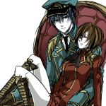  blue_hair brown_hair closed_eyes eyes_closed hat kaito lowres meiko meito military muro_(ninimohu) uniform vocaloid 