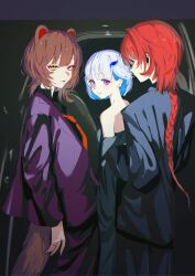  3girls alternate_costume alternate_hairstyle ange_katrina animal_ears bare_shoulders black_shirt blue_eyes blue_hair blue_jacket blue_pants blue_suit blush bodyguard braid brown_hair brown_tail closed_mouth colored_inner_hair commentary_request dog_ears dog_girl dog_tail dress earpiece grey_background grey_dress hair_behind_ear hair_ornament heterochromia highres inui_toko jacket jewelry kenshuusei_(kensuuu0225) lize_helesta long_hair long_sleeves looking_at_another looking_at_viewer looking_back looking_to_the_side medium_hair multicolored_hair multiple_girls necktie nijisanji pants parted_lips purple_jacket purple_pants purple_suit red_eyes red_hair red_necktie ring sanbaka_(nijisanji) shirt single_braid smile strapless strapless_dress suit suit_jacket tail triangle_hair_ornament two-tone_hair very_long_hair violet_eyes virtual_youtuber white_hair yellow_eyes 