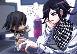  1boy artist_name black_hair character_doll checkered_neckerchief commentary_request computer_keyboard danganronpa_(series) danganronpa_v3:_killing_harmony doll figure highres jacket kujira_pyon_ka long_sleeves male_focus monitor neckerchief oma_kokichi speech_bubble sweat teeth tongue translation_request upper_teeth_only violet_eyes white_jacket 