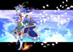  adapted_costume bikini_top blue_hair boots bow character_name clenched_hand grin hat highres hinanawi_tenshi long_hair open_clothes open_shirt petals red_eyes smile solo sword sword_of_hisou touhou weapon yuuzii 