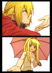  1boy 1girl bare_arms bare_shoulders black_jacket blonde_hair blue_eyes breasts coat commentary edward_elric fullmetal_alchemist hair_between_eyes highres holding holding_umbrella jacket light_smile long_hair medium_breasts outstretched_hand parted_lips ponytail red_coat red_umbrella shirt sidelocks sleeveless sleeveless_shirt tennnn001 umbrella wet wet_hair white_shirt winry_rockbell yellow_eyes 