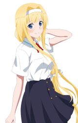  1girl alice_zuberg blonde_hair blue_eyes blush dars_(recolors) highres long_hair looking_at_viewer red_ribbon ribbon shirt simple_background skirt standing sword_art_online sword_art_online:_alicization white_background white_shirt 
