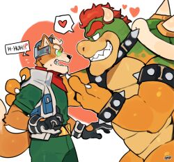  2boys absurdres animal_ears armlet artist_name blush bowser bracelet brown_fur collar english_commentary english_text flying_sweatdrops fox_boy fox_ears fox_mccloud fox_tail furry furry_male graysheartart green_pants green_shirt grey_jacket grin heart heart_background highres horns jacket jewelry looking_at_another male_focus mario multiple_boys open_mouth pants red_hair shirt smile speech_bubble spiked_armlet spiked_bracelet spiked_collar spikes spoken_heart star_fox super_mario_bros. sweatdrop tail the_super_mario_galaxy_movie 